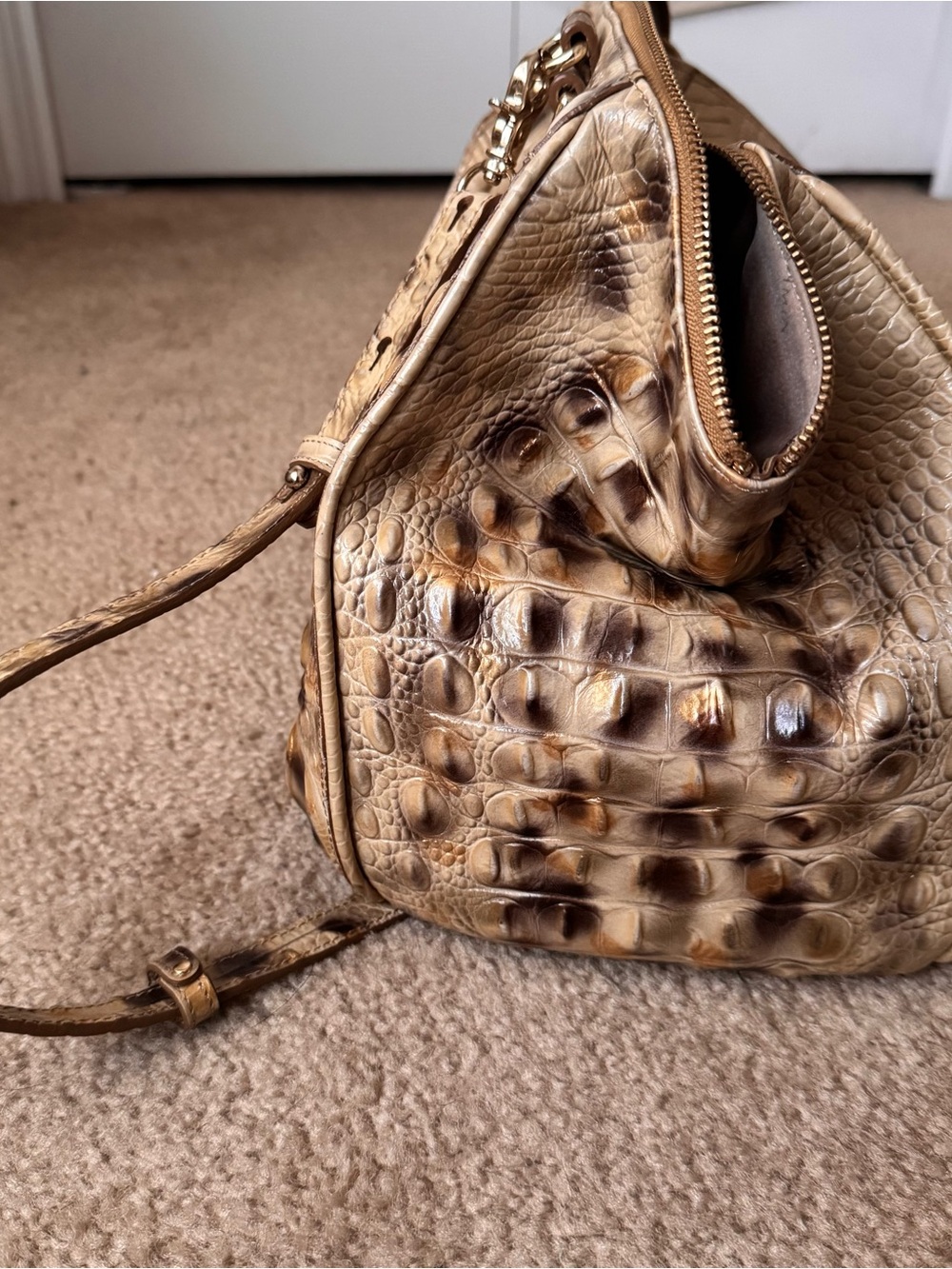 Brahmin Beige Croc-Embossed Satchel with Dark Ombre Spots - Picture 5 of 6
